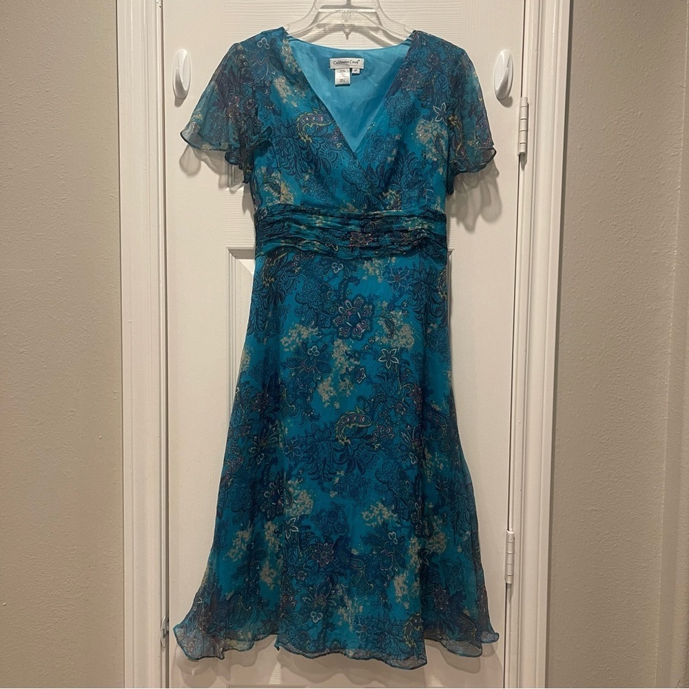 Vtg Coldwater Creek Dress Women 6P Teal Silk Paisley Metallic Y2K 90s Babydoll
